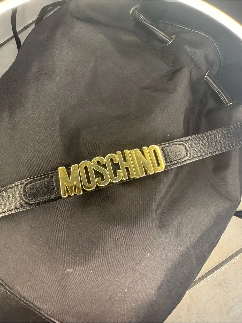 Moschino Black Drawstring Backpack with Gold Logo Patch 14x13x6